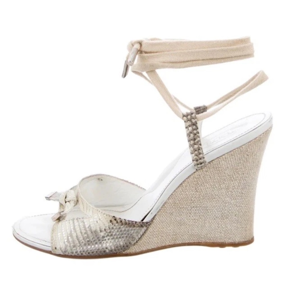 Tod's Cream and Silver Wedge Sandals with Ankle Wrap